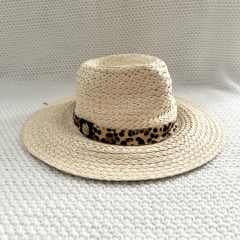Vince Camuto Beige Straw Leopard Pony Hair Band Summer Hat Floppy Panama OS - Picture 3 of 10